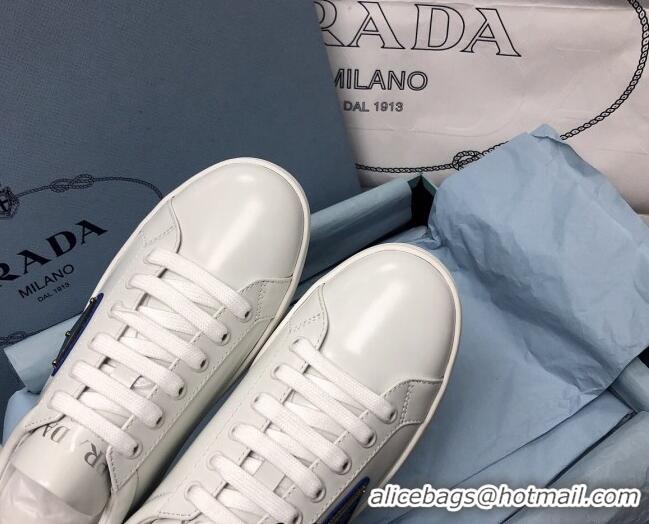 Best Price Prada Brush Leather Sneakers with Blue Heel Tab White 2052626