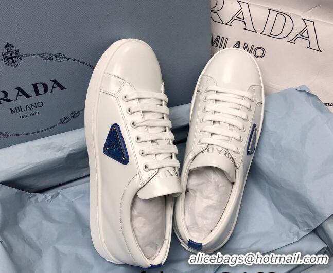 Best Price Prada Brush Leather Sneakers with Blue Heel Tab White 2052626