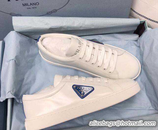 Best Price Prada Brush Leather Sneakers with Blue Heel Tab White 2052626