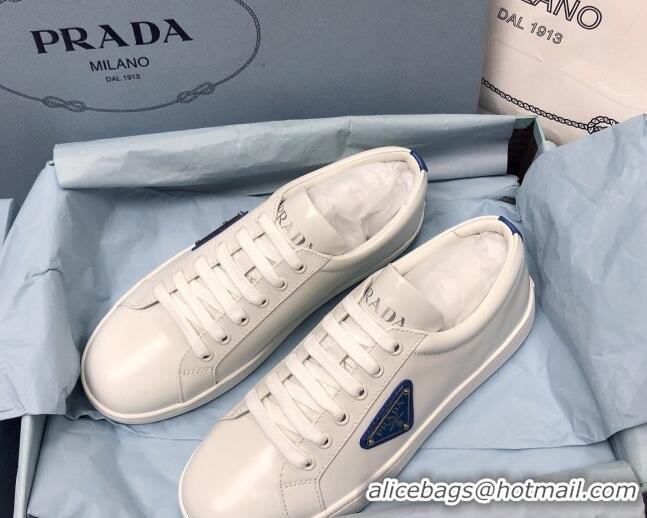 Best Price Prada Brush Leather Sneakers with Blue Heel Tab White 2052626