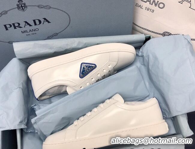 Best Price Prada Brush Leather Sneakers with Blue Heel Tab White 2052626