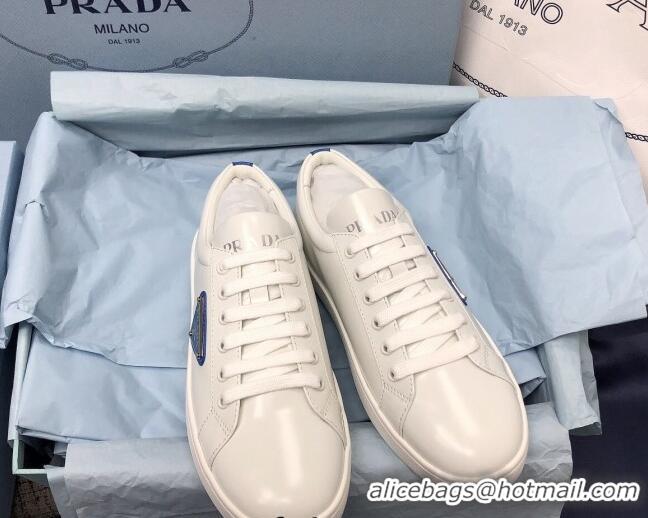 Best Price Prada Brush Leather Sneakers with Blue Heel Tab White 2052626