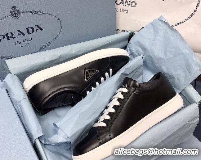 Lowest Price Prada Brush Leather Sneakers with Heel Tab All Black 052627