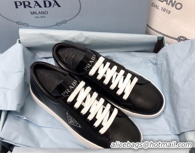 Lowest Price Prada Brush Leather Sneakers with Heel Tab All Black 052627