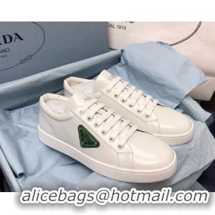 Stylish Prada Brush Leather Sneakers with Green Heel Tab White 052628