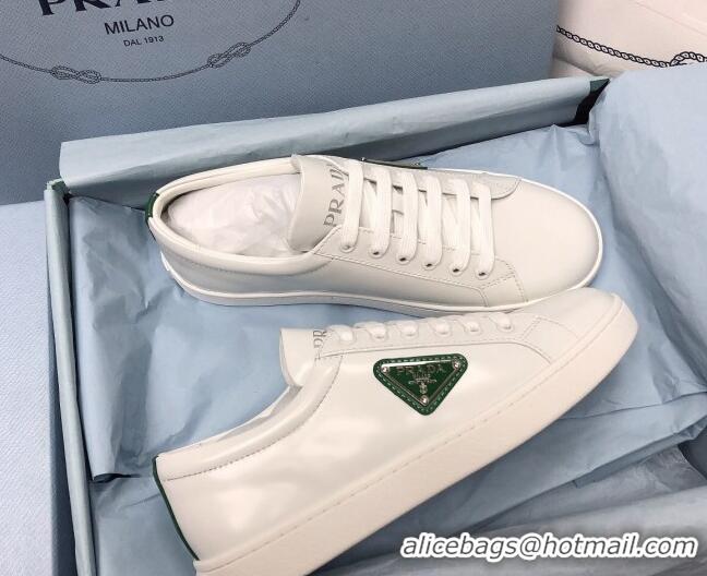 Stylish Prada Brush Leather Sneakers with Green Heel Tab White 052628