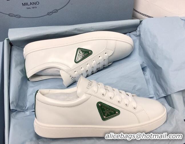 Stylish Prada Brush Leather Sneakers with Green Heel Tab White 052628