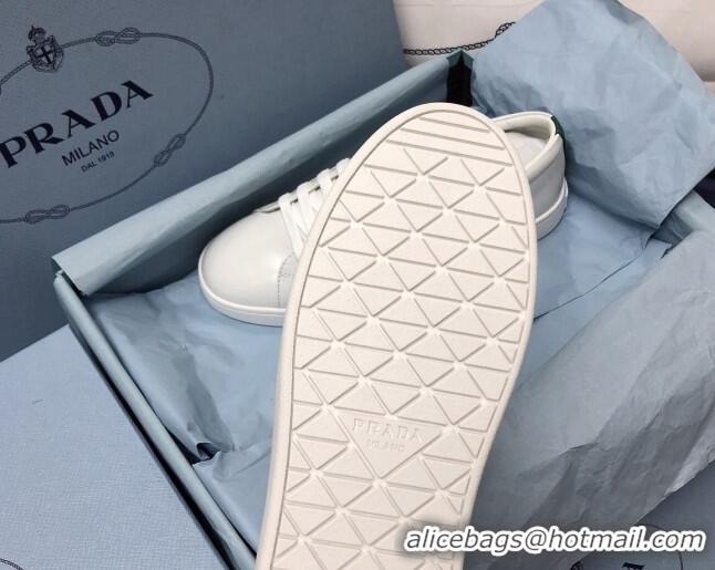 Stylish Prada Brush Leather Sneakers with Green Heel Tab White 052628