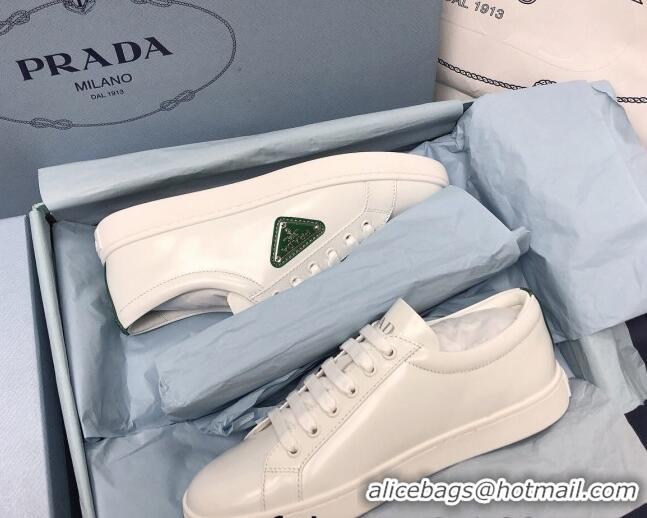 Stylish Prada Brush Leather Sneakers with Green Heel Tab White 052628