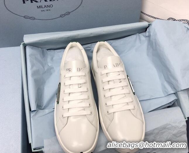 Stylish Prada Brush Leather Sneakers with Green Heel Tab White 052628