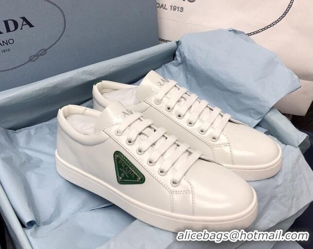 Stylish Prada Brush Leather Sneakers with Green Heel Tab White 052628