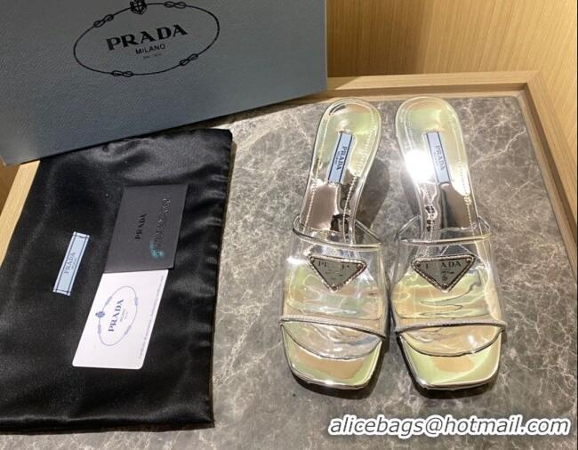 Inexpensive Prada TPU Logo Heel Slide Sandals 6.5cm Silver 2062282