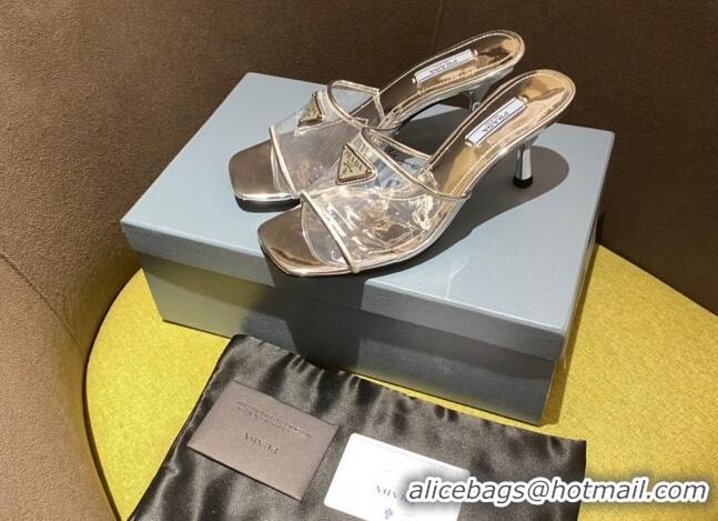 Inexpensive Prada TPU Logo Heel Slide Sandals 6.5cm Silver 2062282