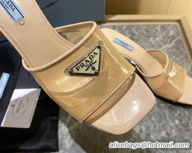 Sumptuous Prada TPU Logo Heel Slide Sandals 6.5cm Apricot 062285