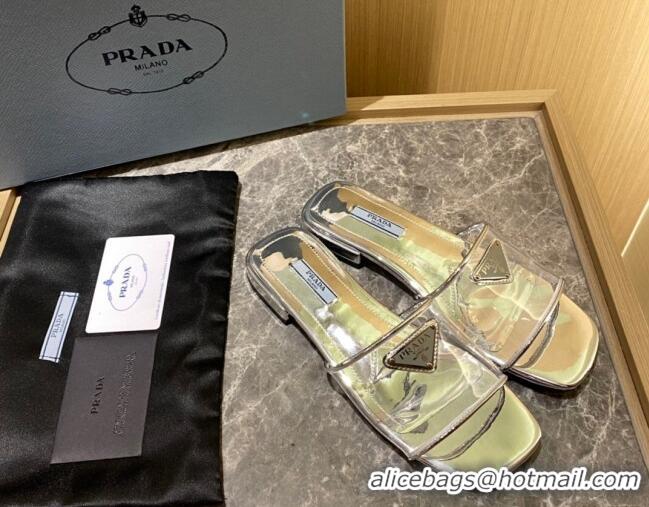 Stylish Prada TPU Logo Flat Slide Sandals Silver 62289