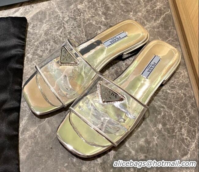 Stylish Prada TPU Logo Flat Slide Sandals Silver 62289