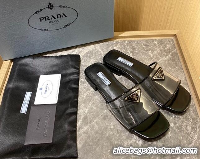 Low Cost Prada TPU Logo Flat Slide Sandals Black 062291