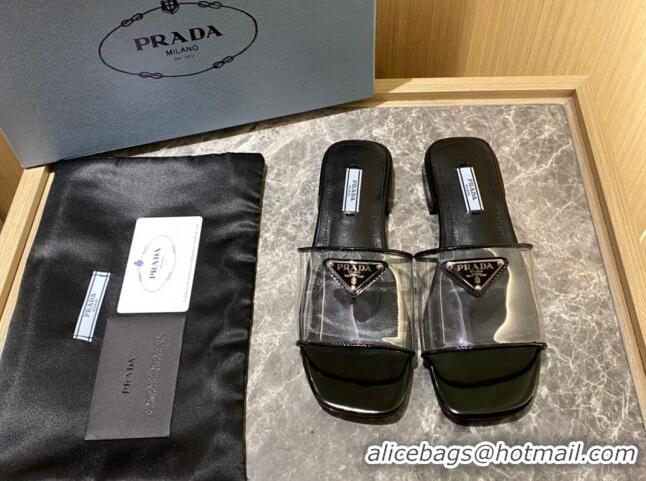 Low Cost Prada TPU Logo Flat Slide Sandals Black 062291