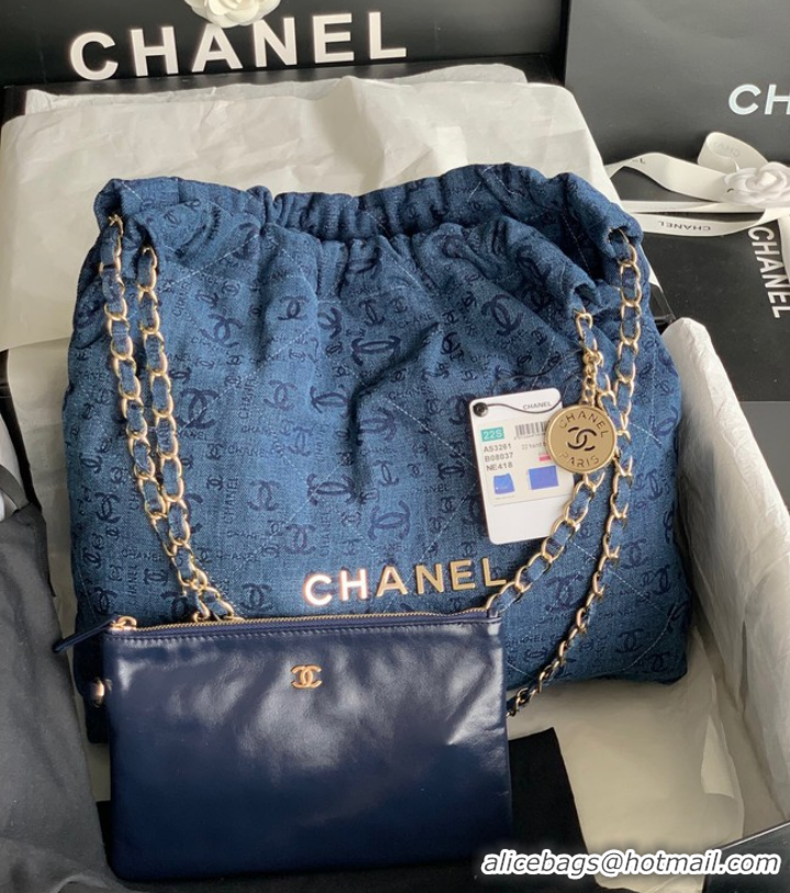 Famous Brand CHANEL 22 HANDBAG Denim AS3261 blue&gold