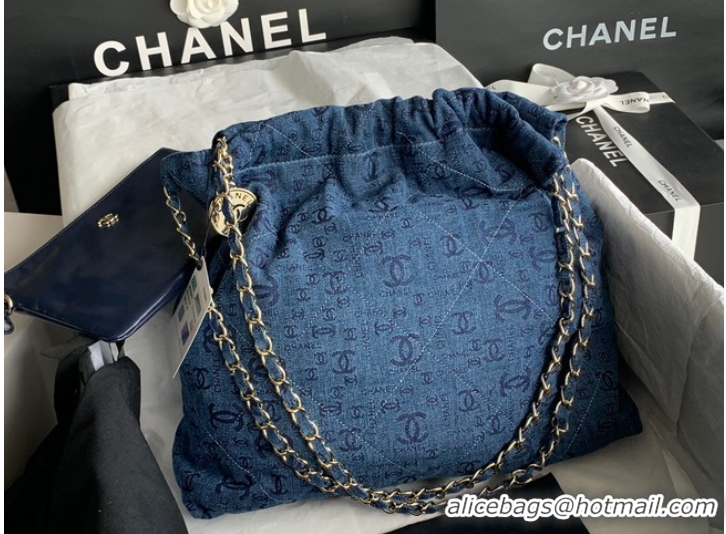 Famous Brand CHANEL 22 HANDBAG Denim AS3261 blue&gold