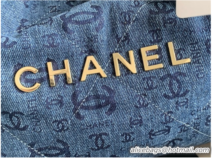 Famous Brand CHANEL 22 HANDBAG Denim AS3261 blue&gold