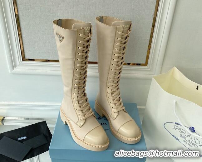 Sumptuous Prada Brushed Leather and Re-Nylon Lace-up High Boots Desert Beige 070432