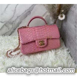 Top Quality Chanel Snake skin mini flap bag with top handle AS2431 Pearlescent Pink