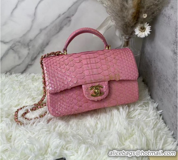 Top Quality Chanel Snake skin mini flap bag with top handle AS2431 Pearlescent Pink