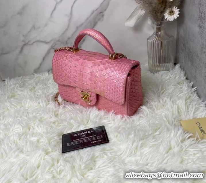 Top Quality Chanel Snake skin mini flap bag with top handle AS2431 Pearlescent Pink