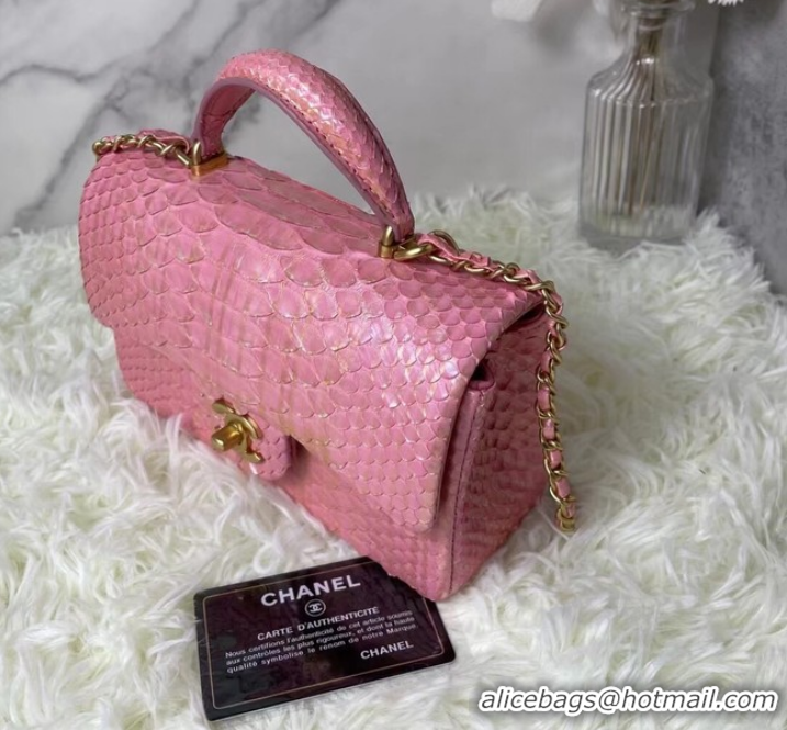 Top Quality Chanel Snake skin mini flap bag with top handle AS2431 Pearlescent Pink