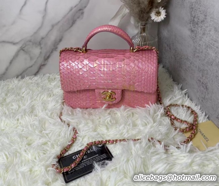 Top Quality Chanel Snake skin mini flap bag with top handle AS2431 Pearlescent Pink