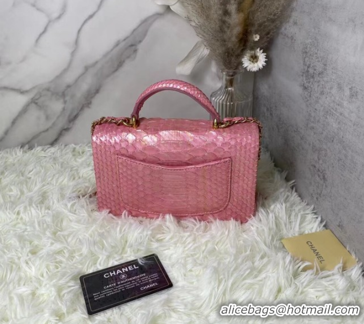 Top Quality Chanel Snake skin mini flap bag with top handle AS2431 Pearlescent Pink