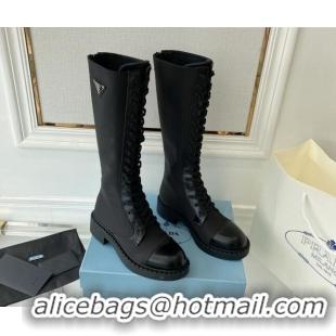 Low Price Prada Brushed Leather and Re-Nylon Lace-up High Boots Black 070433