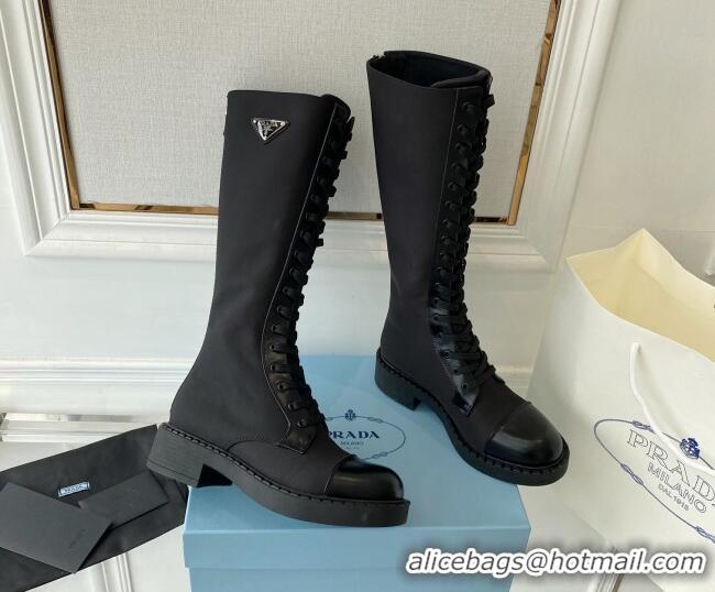 Low Price Prada Brushed Leather and Re-Nylon Lace-up High Boots Black 070433