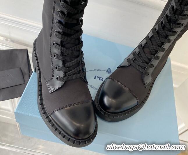 Low Price Prada Brushed Leather and Re-Nylon Lace-up High Boots Black 070433