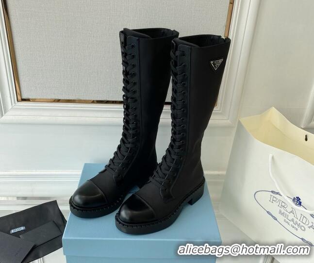 Low Price Prada Brushed Leather and Re-Nylon Lace-up High Boots Black 070433