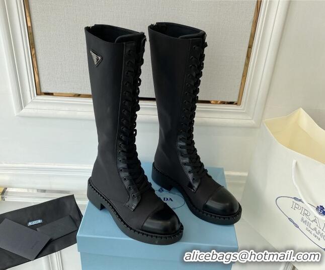 Low Price Prada Brushed Leather and Re-Nylon Lace-up High Boots Black 070433