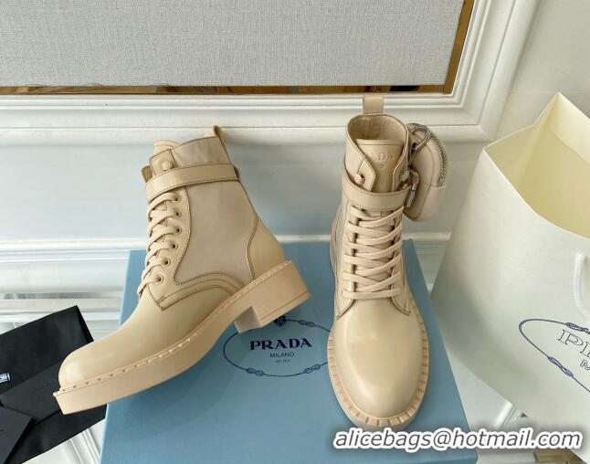 Fashion Prada Brushed Leather and Re-Nylon Ankle Boots with Pouch Desert Beige 070434