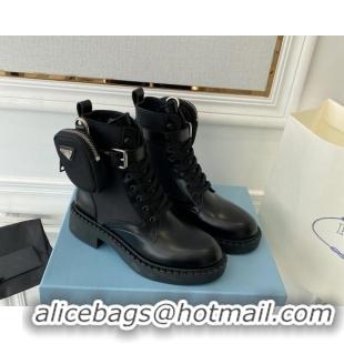 Duplicate Prada Brushed Leather and Re-Nylon Ankle Boots with Pouch Desert Black 070435