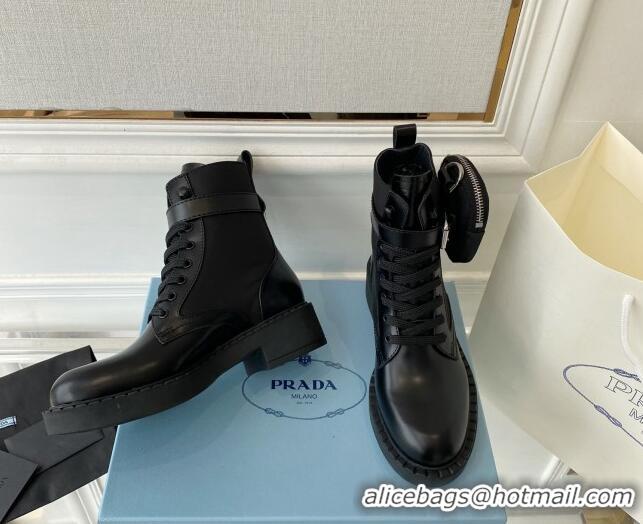 Duplicate Prada Brushed Leather and Re-Nylon Ankle Boots with Pouch Desert Black 070435