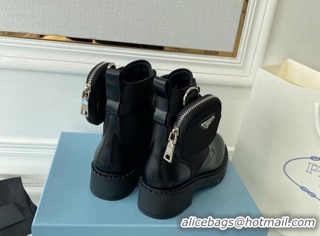 Duplicate Prada Brushed Leather and Re-Nylon Ankle Boots with Pouch Desert Black 070435