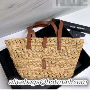 Shop Grade Saint Laurent Panier Small Tote Bag in Crochet Raffia and Smooth Leather 685618 Camel Brown 2022