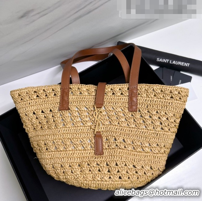 Shop Grade Saint Laurent Panier Small Tote Bag in Crochet Raffia and Smooth Leather 685618 Camel Brown 2022