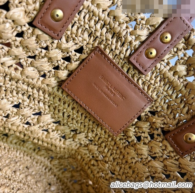 Shop Grade Saint Laurent Panier Small Tote Bag in Crochet Raffia and Smooth Leather 685618 Camel Brown 2022