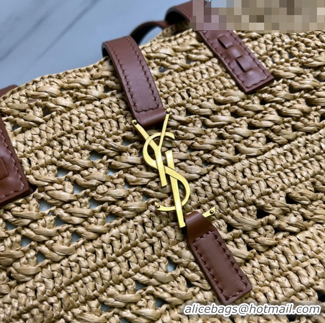 Shop Grade Saint Laurent Panier Small Tote Bag in Crochet Raffia and Smooth Leather 685618 Camel Brown 2022