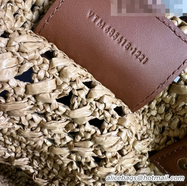 Shop Grade Saint Laurent Panier Small Tote Bag in Crochet Raffia and Smooth Leather 685618 Camel Brown 2022