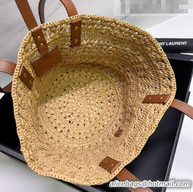 Shop Grade Saint Laurent Panier Small Tote Bag in Crochet Raffia and Smooth Leather 685618 Camel Brown 2022