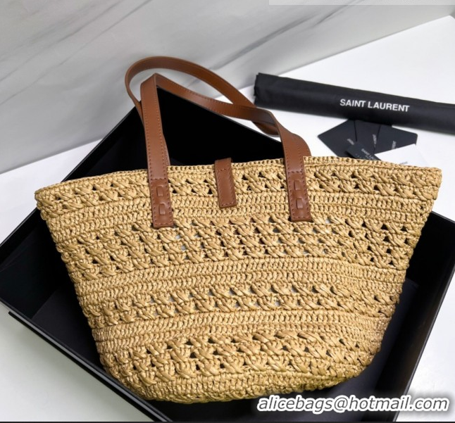 Shop Grade Saint Laurent Panier Small Tote Bag in Crochet Raffia and Smooth Leather 685618 Camel Brown 2022