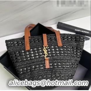 Shop Grade Saint Laurent Panier Small Tote Bag in Crochet Raffia and Smooth Leather 685618 Black 2022