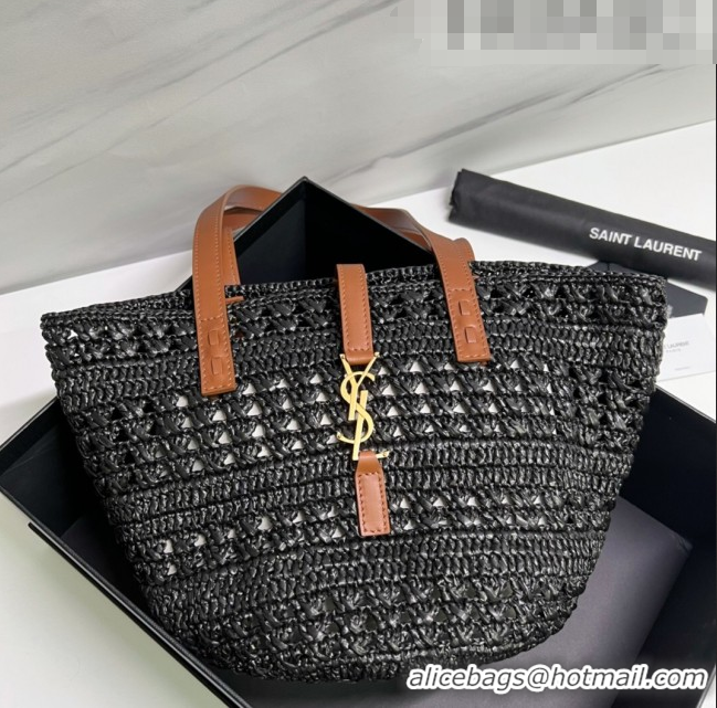 Shop Grade Saint Laurent Panier Small Tote Bag in Crochet Raffia and Smooth Leather 685618 Black 2022